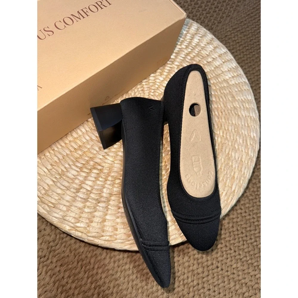 VIVAIA Black Knit Pointed‎ Toe Block Heel Pumps Comfortable Shoes EU/39 US/8
